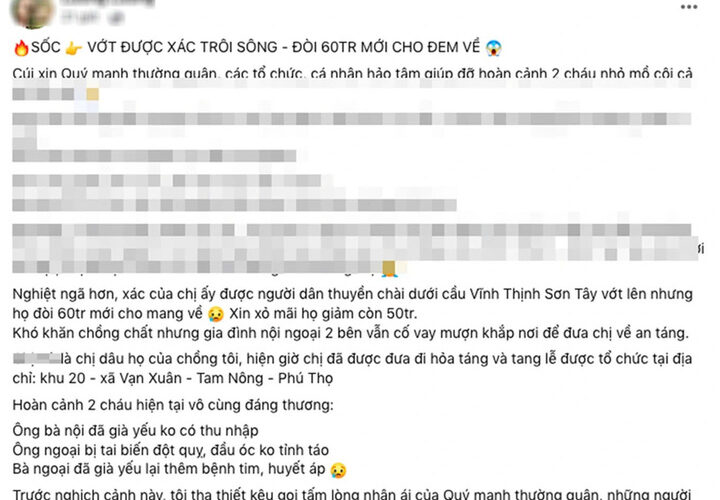 Phú Thọ: Xác minh vụ gia đình hoàn cảnh khó khăn phải chi 50 triệu đồng cho người hành nghề thuyền chài mới đưa được thithe người thân về lo hậu sự
