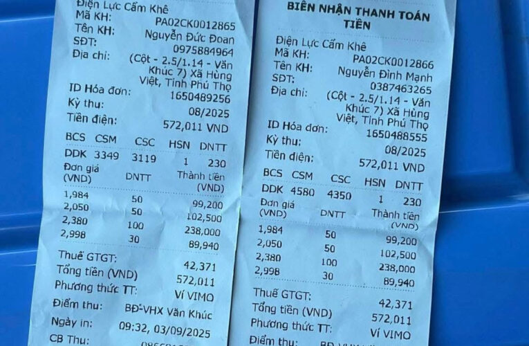 Hóa đơn điện của 2 hộ tại Phú Thọ giống y chang số tiền, kết quả kiểm tra có gì