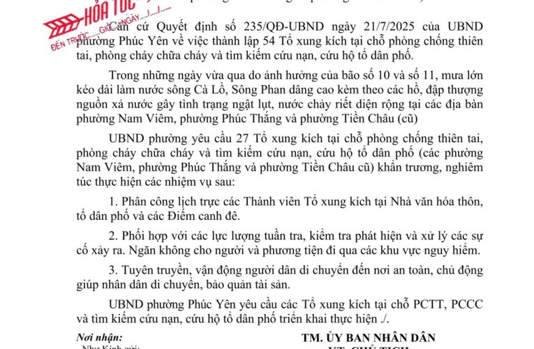 Triển khai 27 Tổ xung kích trực 24/24h phòng chống thiên tai, cứu hộ cứu nạn tại các khu vực Nam Viêm, Phúc Thắng, Tiền Châu (cũ)